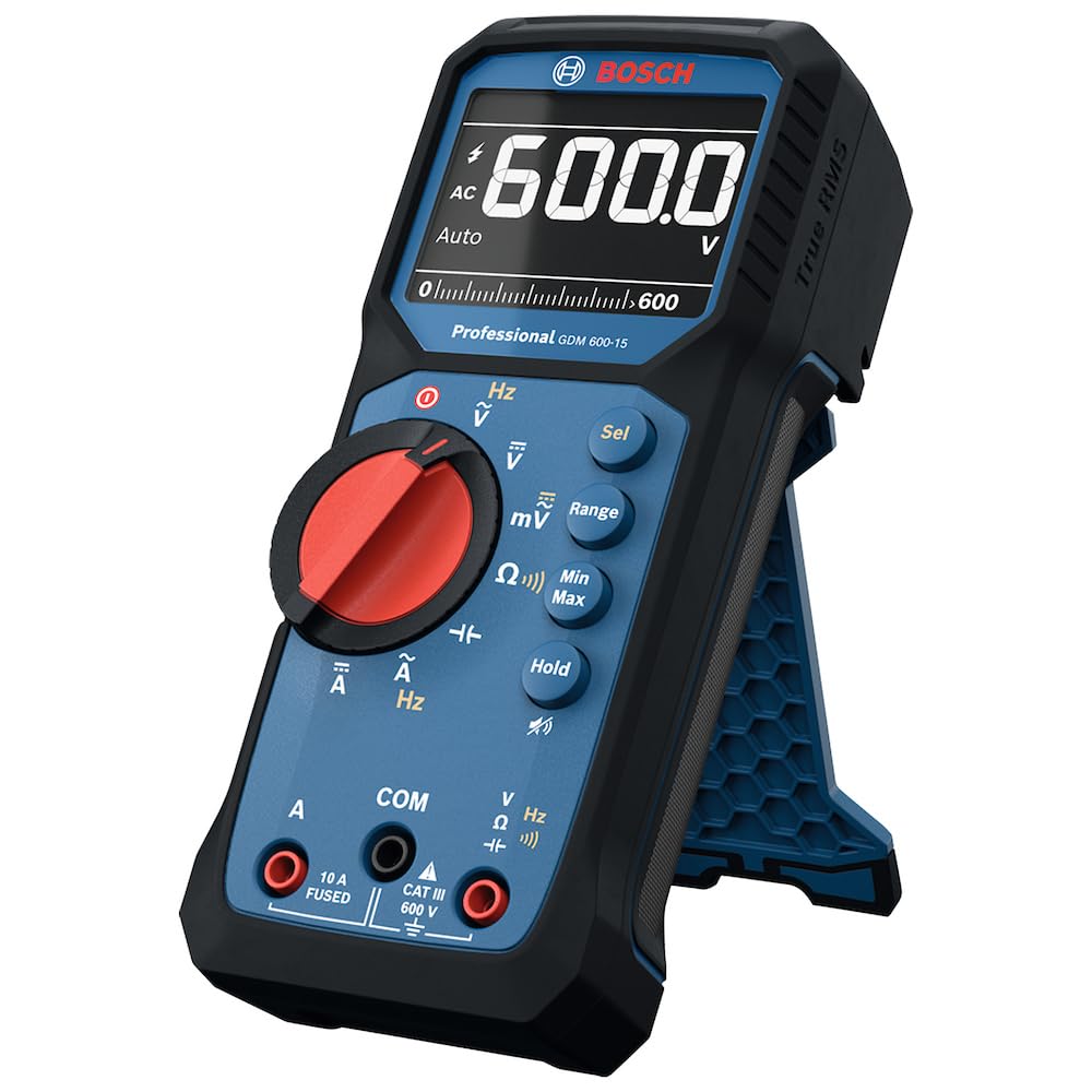 Multímetro Bosch GDM 600-15 | True RMS, LCD invertido, mide frecuencia/continuidad/resistencia/capacitancia, mín./máx/promedio, cables de prueba MS 90