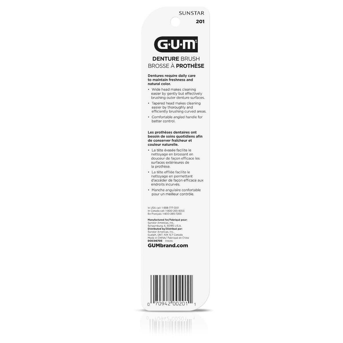 GUM - Cepillo para Prótesis Dentales con Doble Cabezal Con Cerdas Firmes de Nylon y Mango Ergonómico Antideslizante