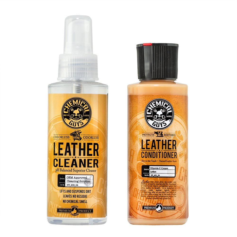Chemical Guys Kit Limpiador y Acondicionador de Cuero + Protector de Interiores - 4 fl. Oz (2 Items) - Limpiador