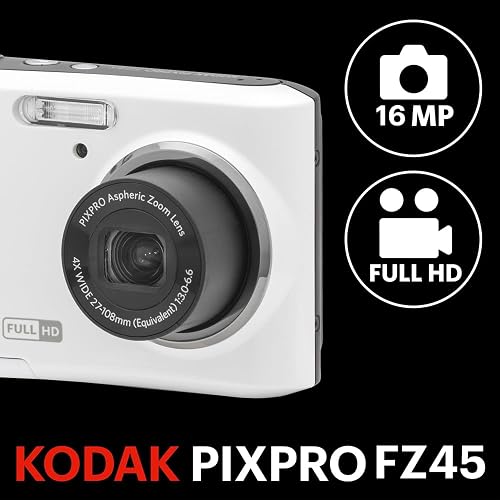 Kodak PIXPRO FZ45-WH - Cámara Digital de 16 MP, Zoom óptico de 27 mm, Gran Angular, 1080P, Full HD, Video, 2,7 Pulgadas, cámara de vlogging LCD (Blanco)