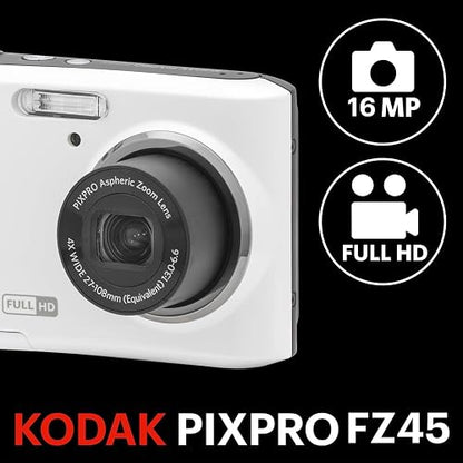 Kodak PIXPRO FZ45-WH - Cámara Digital de 16 MP, Zoom óptico de 27 mm, Gran Angular, 1080P, Full HD, Video, 2,7 Pulgadas, cámara de vlogging LCD (Blanco)