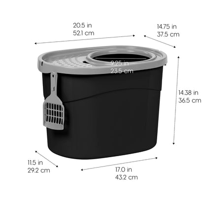 IRIS USA Caja de Arena Gato Entrada Superior, Cubierta, Pala, Negro/Gris | Ideal para gatos de interior, entrada superior, caja con tapa, interior espacioso y diseño resistente para mascotas