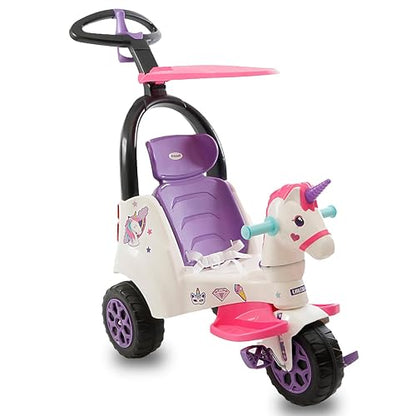 PRINSEL | Triciclo Push Car| Triciclo Montable para Niñas | Supertrike Unicornio| Blanco | De 2 a 6 Años, Barra de Empuje, Descansapies, Techo Removibles, Luces y Sonido | Artículos para Niños