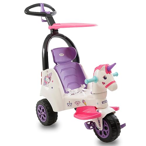 PRINSEL | Triciclo Push Car| Triciclo Montable para Niñas | Supertrike Unicornio| Blanco | De 2 a 6 Años, Barra de Empuje, Descansapies, Techo Removibles, Luces y Sonido | Artículos para Niños