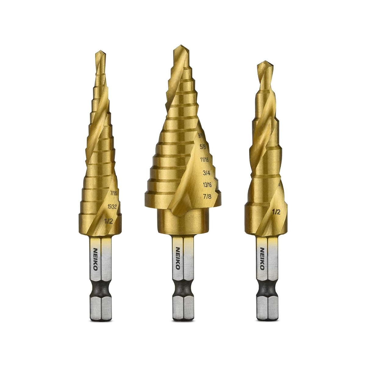 NEIKO 10181A Juego de brocas escalonadas, 3 piezas, ranuradas en espiral para una perforación más rápida, brocas escalonadas para acero inoxidable, metal, madera, plástico, brocas de cono Unibit con