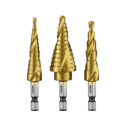 NEIKO 10181A Juego de brocas escalonadas, 3 piezas, ranuradas en espiral para una perforación más rápida, brocas escalonadas para acero inoxidable, metal, madera, plástico, brocas de cono Unibit con
