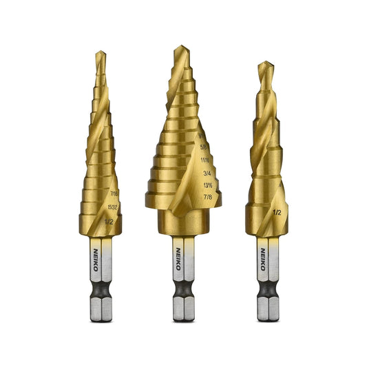 NEIKO 10181A Juego de brocas escalonadas, 3 piezas, ranuradas en espiral para una perforación más rápida, brocas escalonadas para acero inoxidable, metal, madera, plástico, brocas de cono Unibit con