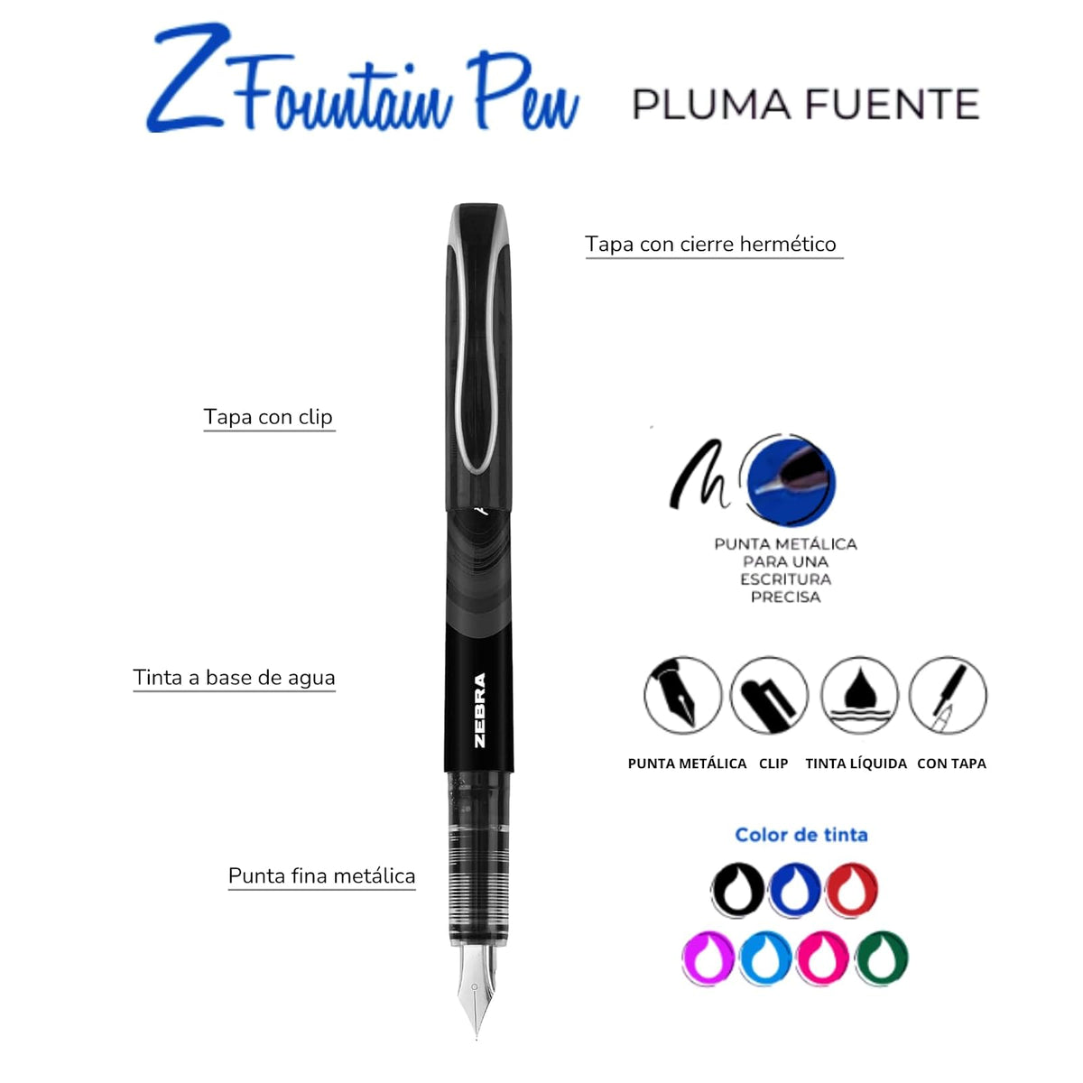 Zebra Pluma Fuente Z Fountain Pen Punta Metálica Caja 6 Piezas (Azul)