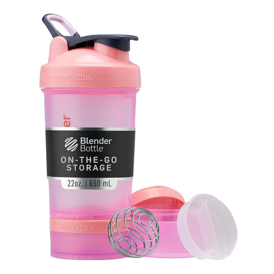 BlenderBottle - Botella mezcladora con organizador de pastillas y almacenamiento para proteína en polvo, sistema clásico V2 ProStak, 650 ml, rosa