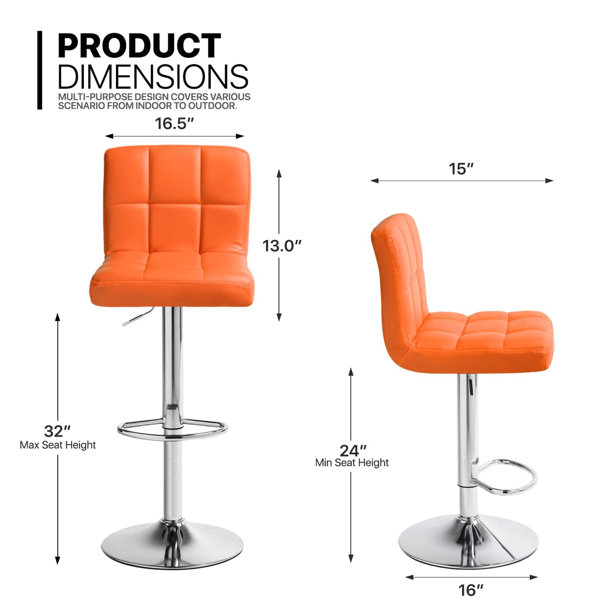 MoNiBloom - Juego de 2 taburetes de Bar con Respaldo Cuadrado de Piel sintética, Altura Ajustable y reposapiés para el hogar, Cocina, Comedor, Color Naranja