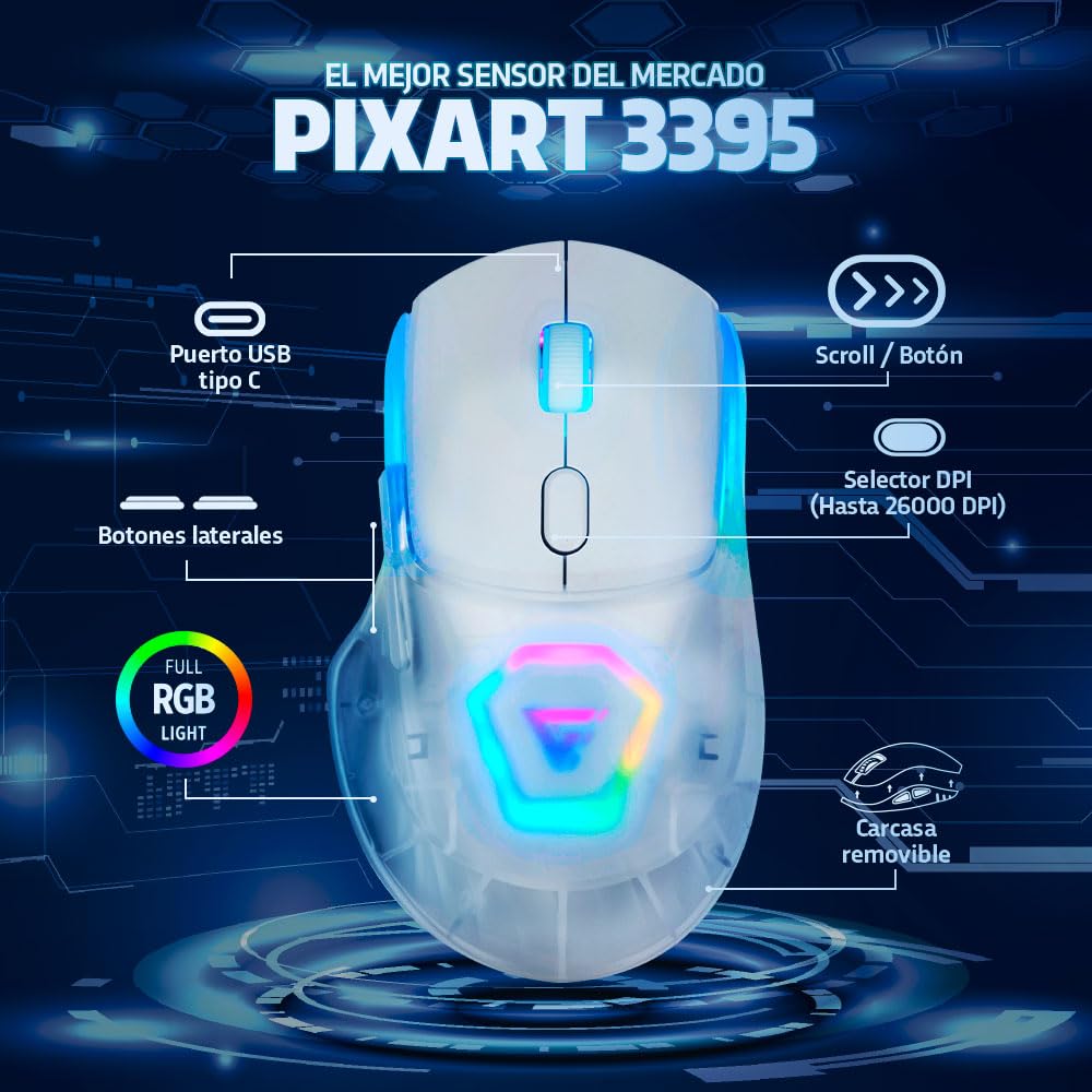 GAME FACTOR MOW700-WH Mouse Gamer Inalámbrico - Sensor Pixart 3395, 26000 dpi, RGB, Bluetooth/2.4GHz, 3 Carcasas, Batería 600mAh, 20M Clics, Ideal para PC Gaming Color Blanco