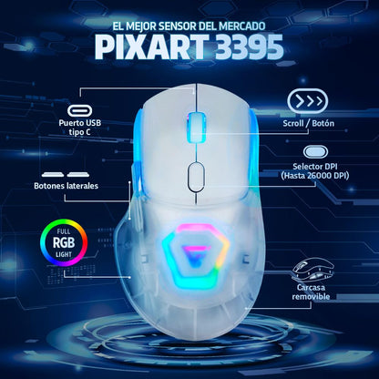 GAME FACTOR MOW700-WH Mouse Gamer Inalámbrico - Sensor Pixart 3395, 26000 dpi, RGB, Bluetooth/2.4GHz, 3 Carcasas, Batería 600mAh, 20M Clics, Ideal para PC Gaming Color Blanco