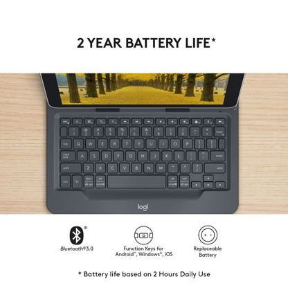 Logitech Universal Folio Funda para iPad o Tablet con Teclado Inalámbrico Bluetooth, para iPad Apple de 9-10 Pulgadas/Tablet Android o Windows, Fácil, Batería hasta 2 Años - Negro