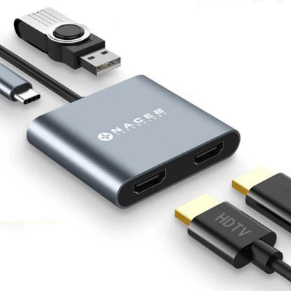 Naceb Technology HUB USB-C 4 en 1 Dual HDMI 4K, Adaptador Multipuerto con 100W PD Carga Rápida y USB 3.0 de 5Gbps, Estación de Trabajo Compacta para MacBook, Laptop y iPad, Gris Espacial (NA-0148)
