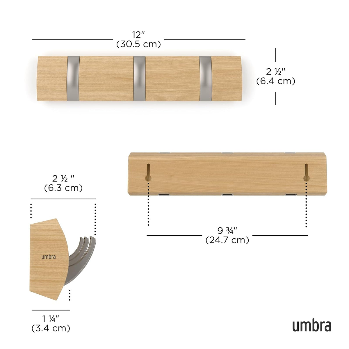 UMBRA - Perchero abatible para colgar en la pared con 3 ganchos – Moderno, ahorro de espacio para sombreros, chaquetas, bolsos, entrada, vestíbulo, clóset, baño, recámara, natural/níquel
