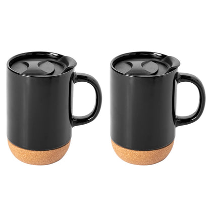 Gibson Home Modani Juego de 2 tazas de cerámica grandes de 16 onzas con parte inferior y tapa de corcho extraíble, color negro