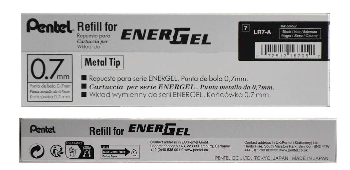 Pentel Energel Recargas estándar, 7 mm, Negro, Paquete de 12