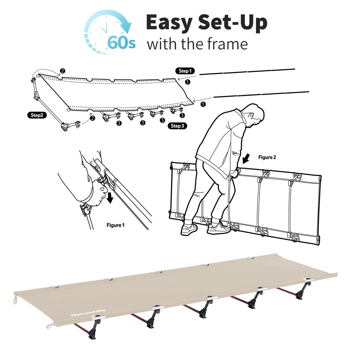 Naturehike - Cuna de Camping Ultraligera fácil de Montar, Cuna Plegable compacta y protable para Camping, montañismo y Senderismo, soporta 350 Libras con Bolsa de Transporte, Kahki