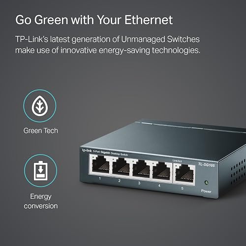 TP-Link Switch de Red Gigabit TL-SG105 - 5 Puertos RJ45 Gigabit - Carcasa Metálica - Plug and Play - QoS e IGMP Snooping - Ahorro de Energía