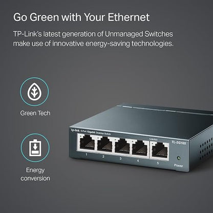 TP-Link Switch de Red Gigabit TL-SG105 - 5 Puertos RJ45 Gigabit - Carcasa Metálica - Plug and Play - QoS e IGMP Snooping - Ahorro de Energía