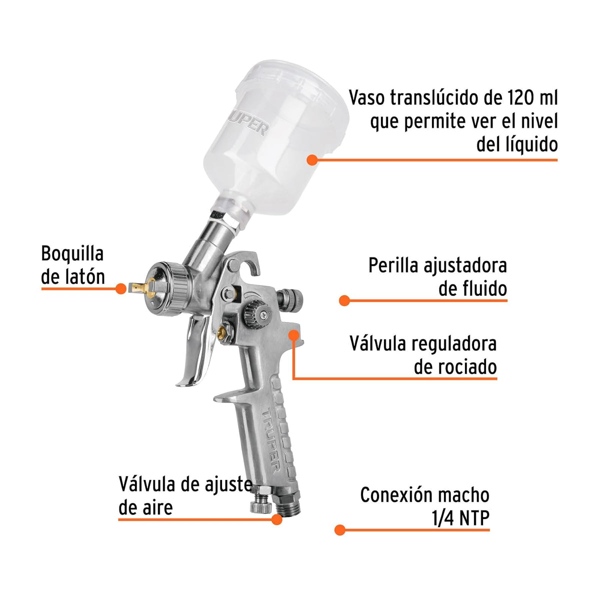 Truper PIPI-410, Pistola para retoque de Gravedad HVLP, Vaso plástico, tobera 1 mm