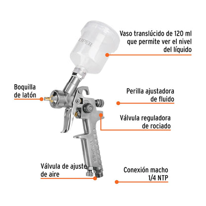 Truper PIPI-410, Pistola para retoque de Gravedad HVLP, Vaso plástico, tobera 1 mm