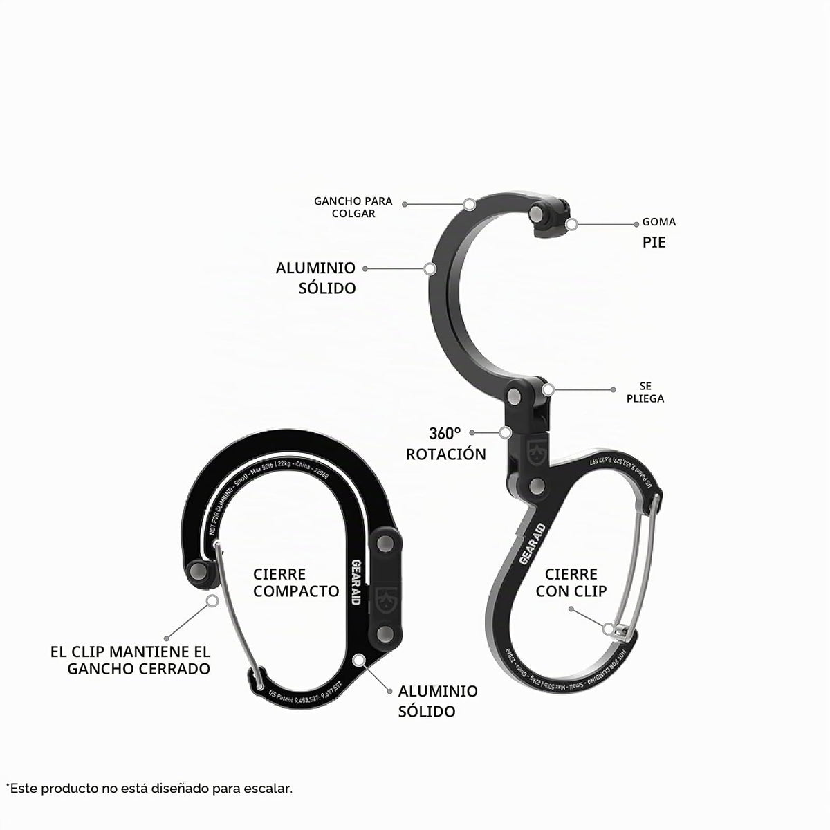 Gear Aid HEROCLIP (pequeño) mosquetón y Gancho, para Colgar Bolsas, Bolsos, linternas, cochecitos, Herramientas, Cascos, Botellas de Agua y más, (Color)