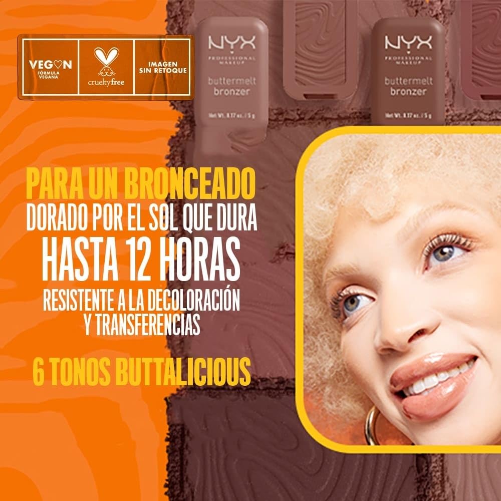 NYX Professional Makeup Bronzer, cremoso en polvo con alta pigmentación, fórmula vegana, acabado natural con duración hasta por 12H, 5g – Tono Butta Ballin (Claro medio cálido)