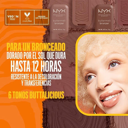 NYX Professional Makeup Bronzer, cremoso en polvo con alta pigmentación, fórmula vegana, acabado natural con duración hasta por 12H, 5g – Tono Butta Ballin (Claro medio cálido)