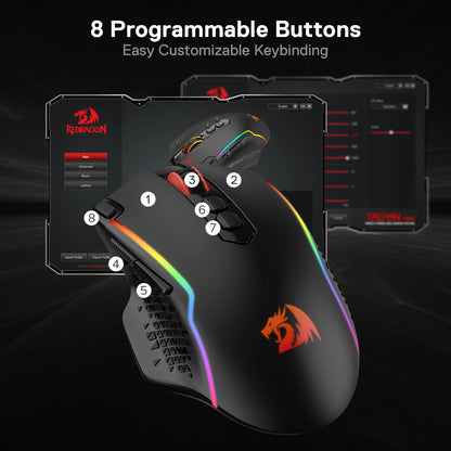 Redragon M810 Pro - Ratón inalámbrico para Juegos, 10000 dpi con Llave de Fuego rápido, 8 Botones Macro, Capacidad de Potencia Duradera de 45 Horas y retroiluminación RGB para PC/Mac/Laptop