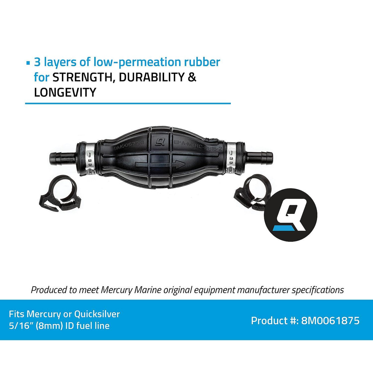 Quicksilver 8M0061875 - Foco de imprimación con 2 Abrazaderas de Manguera para líneas de Combustible de 5/16 Pulgadas (8 mm)