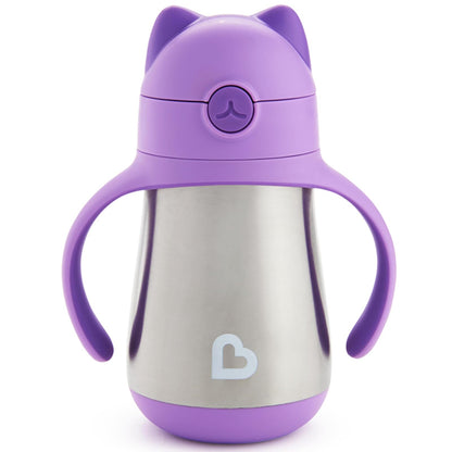 Munchkin Cool Cat Vaso con Popote de Acero Inoxidable 237 ml, Azul - Púrpura - Estampado de animales