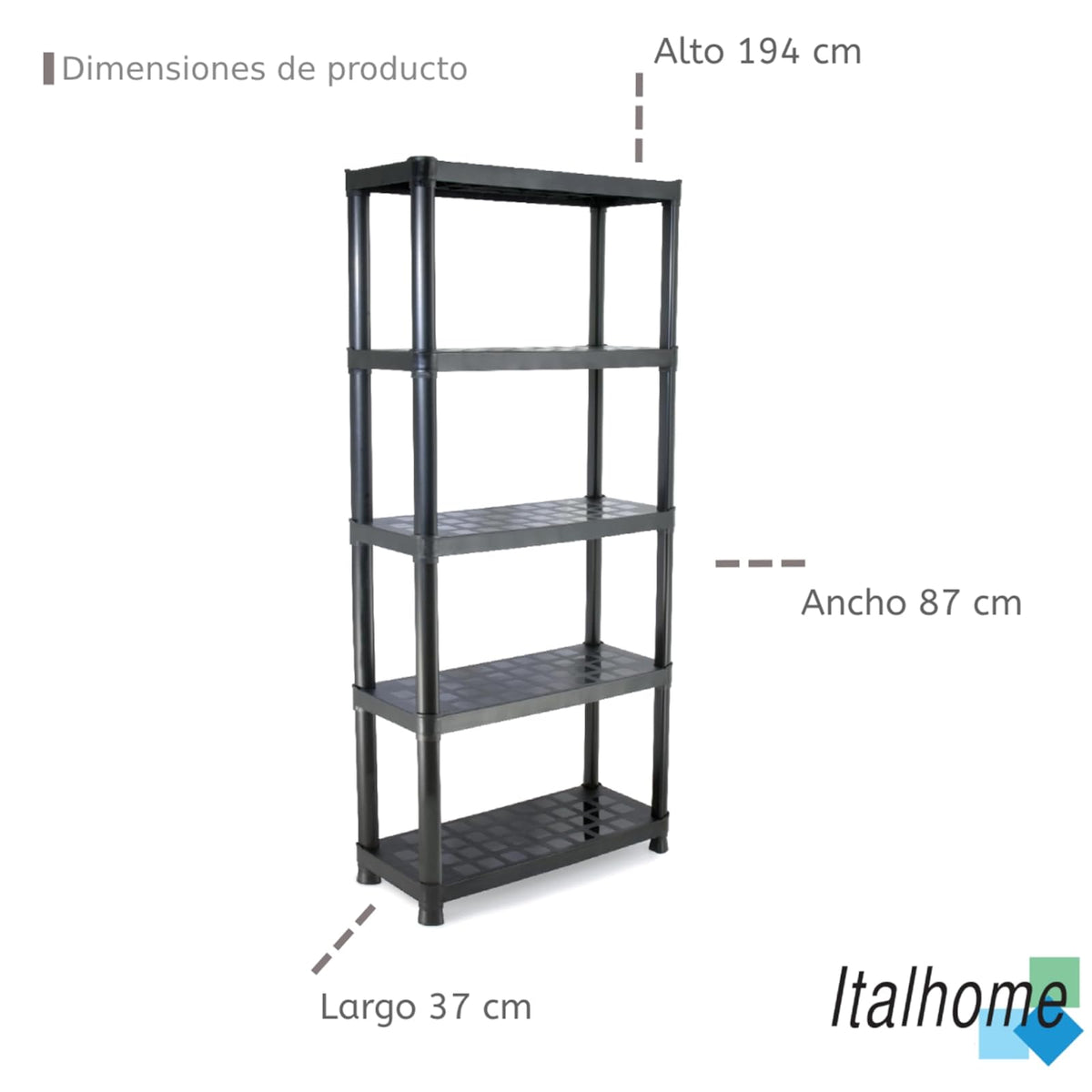 Italhome Rack De Plástico Mediano De 5 Niveles Color Negro, Estante Organizador Resistente Multiusos Soporta 125 Kg