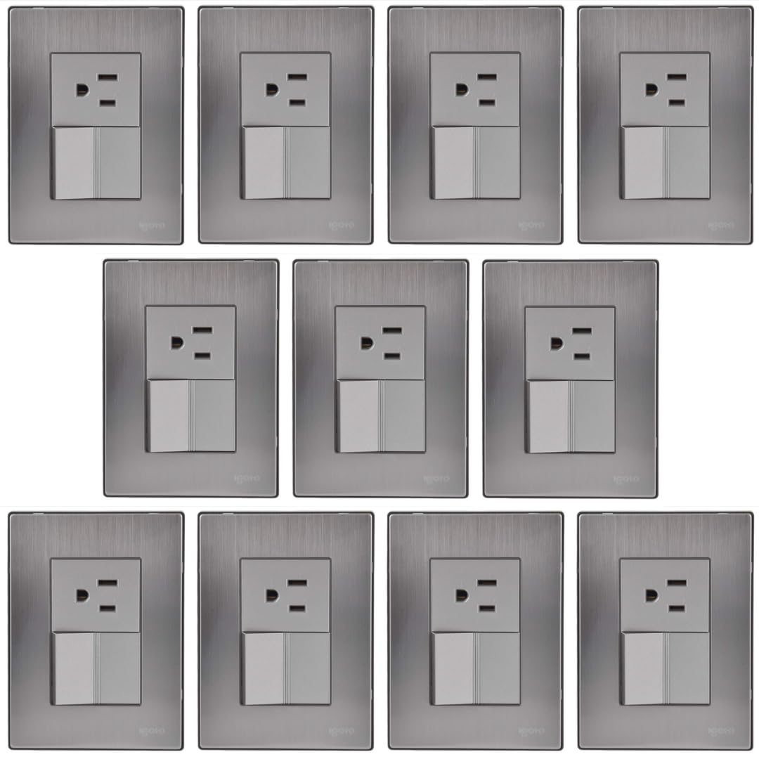 Kit Paquete 5 Piezas Placa Pared con Apagador Sencillo y Contacto de 1.5 Modulos 125-250V Mecanismo Acero Inoxidable Color Plateado Acabados Premium INOX1002 Igoto