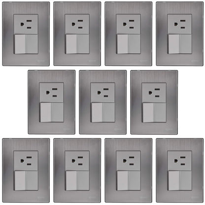Kit Paquete 5 Piezas Placa Pared con Apagador Sencillo y Contacto de 1.5 Modulos 125-250V Mecanismo Acero Inoxidable Color Plateado Acabados Premium INOX1002 Igoto
