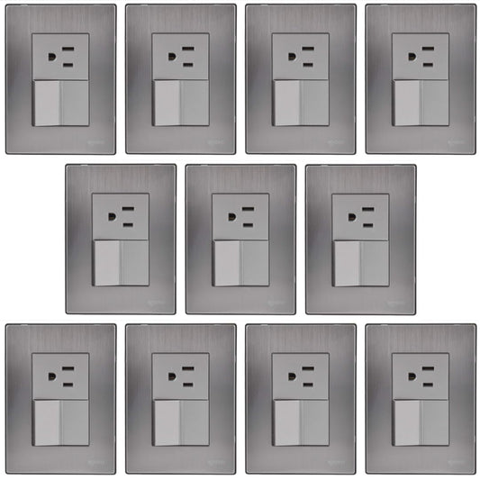 Kit Paquete 5 Piezas Placa Pared con Apagador Sencillo y Contacto de 1.5 Modulos 125-250V Mecanismo Acero Inoxidable Color Plateado Acabados Premium INOX1002 Igoto