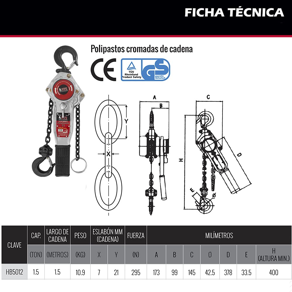 Polipasto Cromado de Palanca Capacidad 1.5Ton, HB5012 DogoTuls
