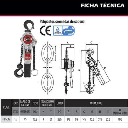 Polipasto Cromado de Palanca Capacidad 1.5Ton, HB5012 DogoTuls