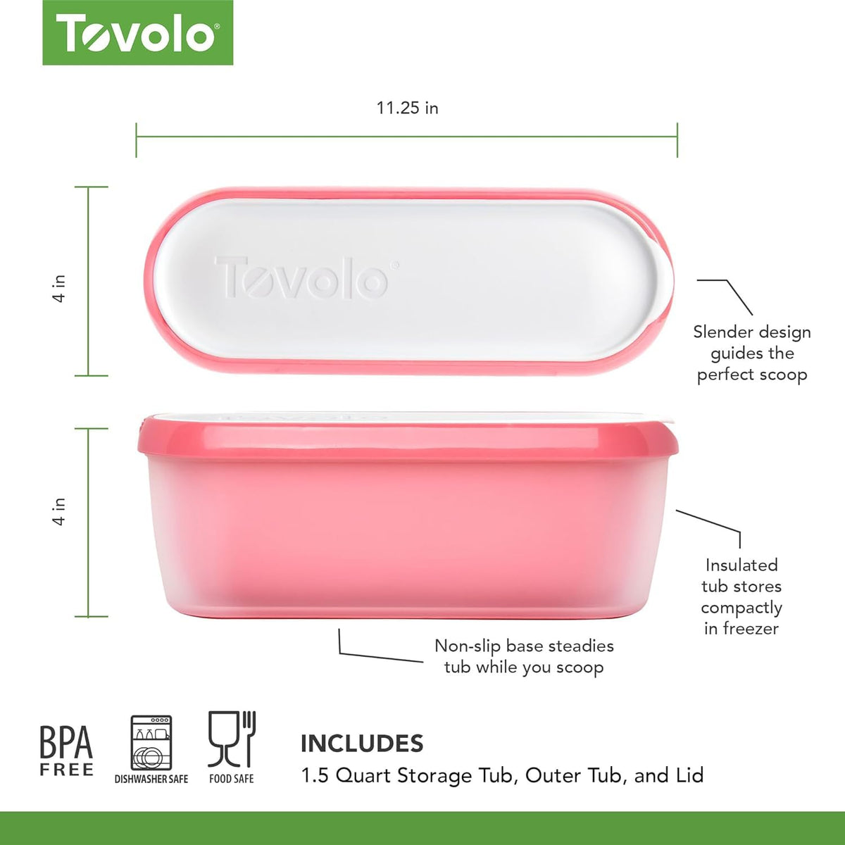 Tovolo Glide-A-Scoop - Tina de helado reutilizable, flamenco, hermético, sin BPA, para helado casero, almacenamiento compacto en congelador, apto para lavaplatos (1.5 cuartos de galón)