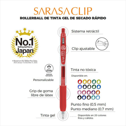 Zebra Set Sarasa Clip Bolígrafo retráctil Tinta gel Secado rápido Punto 0,5 mm y 0,7 mm 20 colores variados