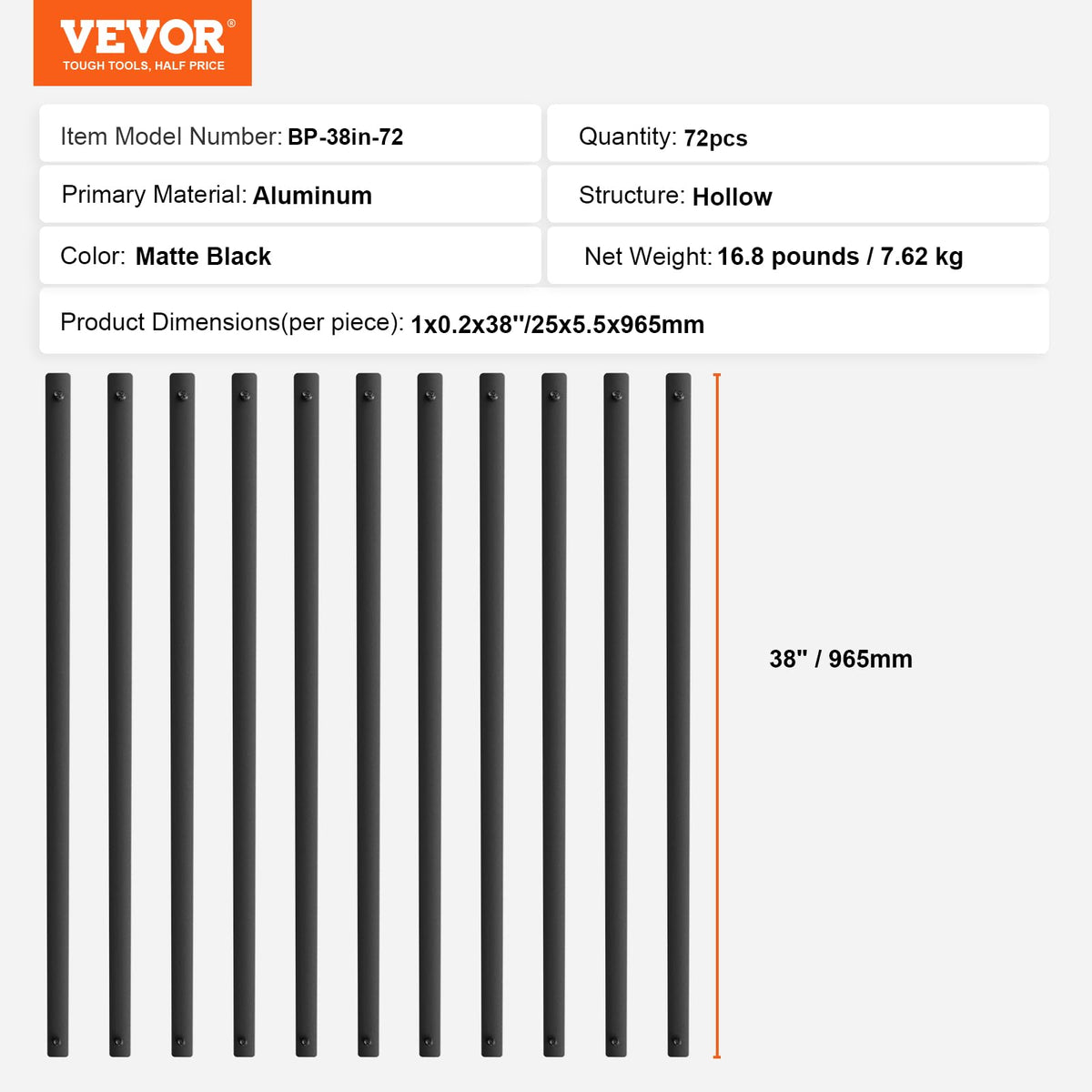 VEVOR - de metal para escalera, 38 x 1 pulgadas, ejes decorativos de aleación de aluminio planos, paquete de 72 de cubierta con tornillos, clásica hueca cubierta