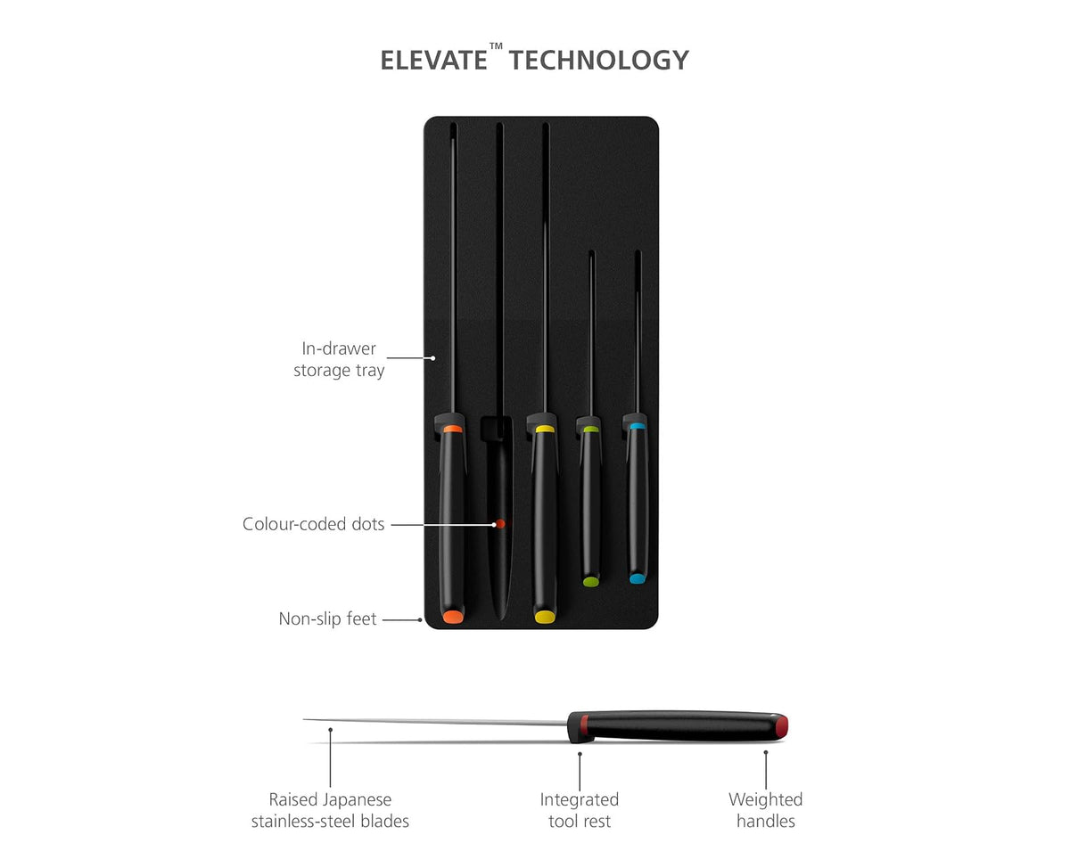 Joseph Joseph Elevate Knives Store 10545 - Juego de 5 cuchillos con bandeja de almacenamiento para cajón