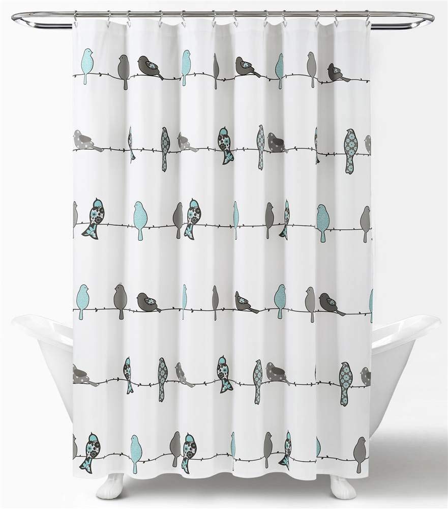 Lush Decor Rowley Birds - Cortina de Ducha de 72 Pulgadas de Ancho x 72 Pulgadas de Largo, Azul y Gris, diseño Floral Colorido de pájaros, Cortina de Ducha de pájaros caprichosa y juguetona -
