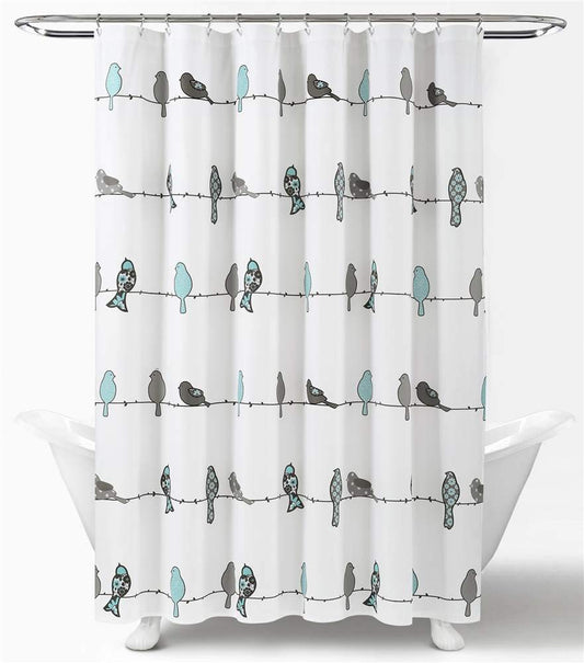 Lush Decor Rowley Birds - Cortina de Ducha de 72 Pulgadas de Ancho x 72 Pulgadas de Largo, Azul y Gris, diseño Floral Colorido de pájaros, Cortina de Ducha de pájaros caprichosa y juguetona -