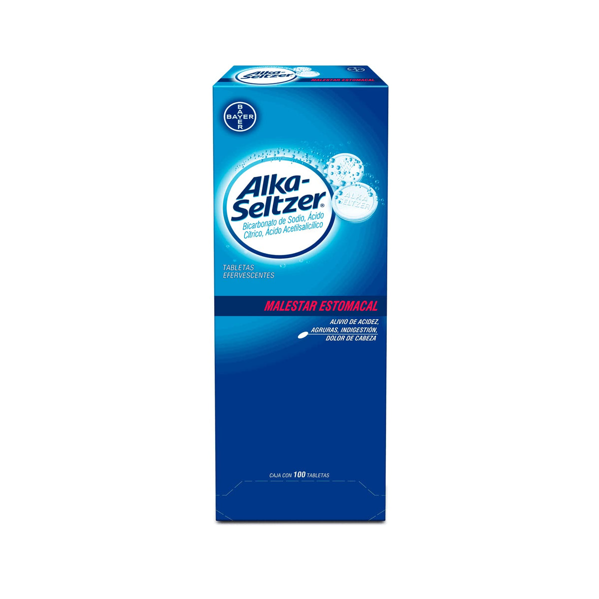Alka Seltzer Antiácido, Alivio de los Síntomas de Malestares Estomacales como Dolores de Cabeza, Cuerpo y Estómago, 100 Tabletas Efervescentes