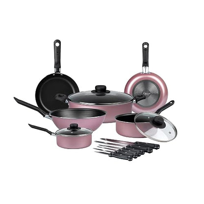 Ekco | Batería de Cocina Serum 19 Piezas de Aluminio Antiadherente Rosa | Revestimiento antiadherente, Cocción uniforme, Fácil limpieza, Uso diario, Calentamiento rápido, Mangos y asas de baquelita