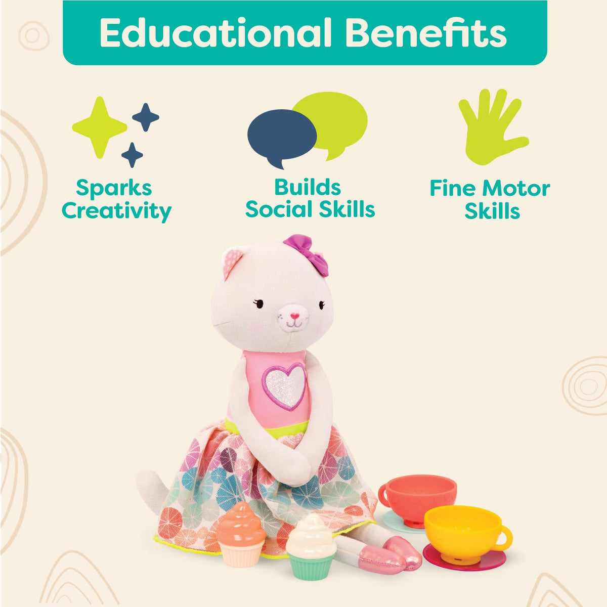 B. toys Tippy Toes Cali Cat, Gata de Peluche con Libro y Juego de té | Set de 8 con Cali Cat, libro de cartón, 2 tazas, 2 platos y 2 pastelitos para juego simbólico y lectura, 2 años y +
