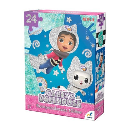 Novelty Corp - Rompecabezas Glitter, Gabby's Doll House, Ensable Perfecto, Piezas Resistentes, Mejora Agilidad Mental, Ensamble Perfecto, Juegos Tradicionales, 24 Piezas, Cartón Gráfico