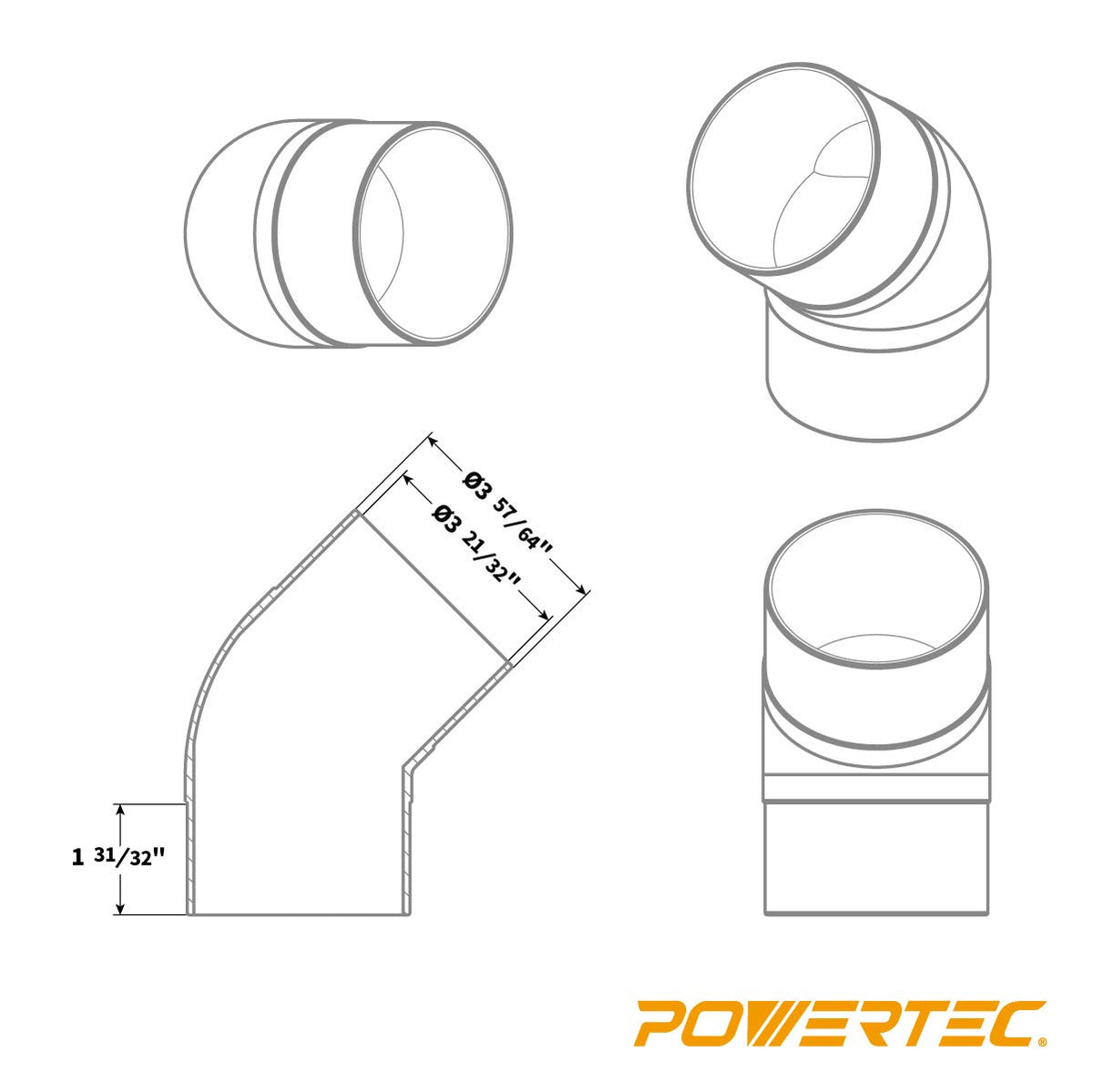 POWERTEC 70183 - Codo de 45 grados de plástico ABS en ángulo recto (negro)