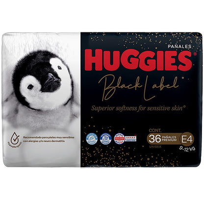 Huggies Black Label Pañales Desechables Premium, Etapa 4 Unisex, Bolsa con 36 piezas, Ideal para bebés de 9 a 12 kg